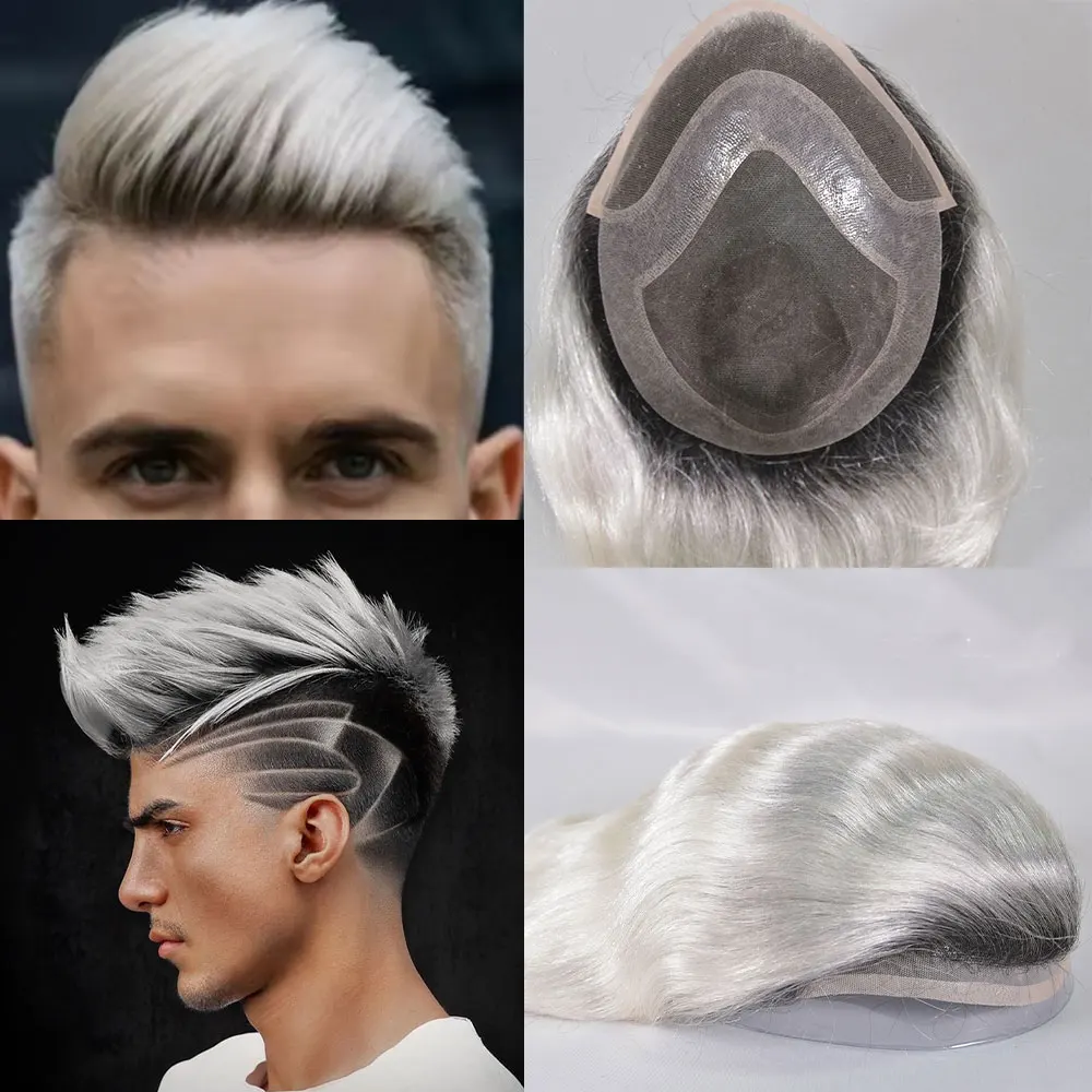 Men's Ombre Blonde Swiss Lace Front Toupee Natural Hairline For Men Human Hair Invisible Hair Piece 4T613#/1bT60R Wig 8X10INCH