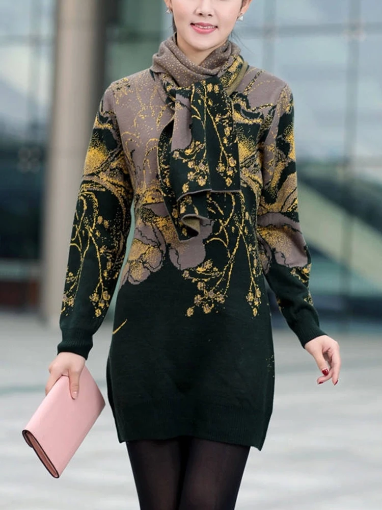 

Floral Print Long Sweater Dress 2025 Autumn Winter Women's Long Sleeve Pullover With Scarf Elastic Slim Dresses