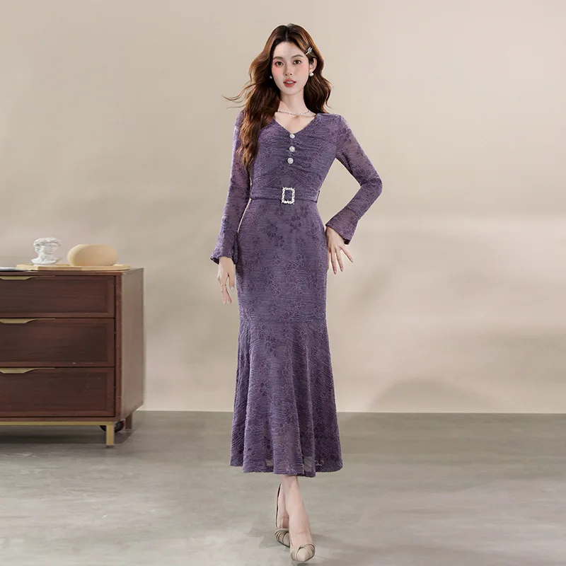

Cross-Border French Vintage Long Dress Women V-Neck Long Sleeve Fishtail Lace Bodycon Dresses