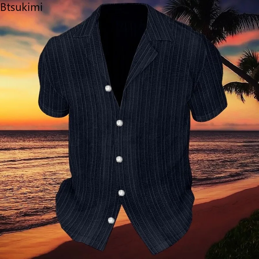 New Men's Solid Color Casual Short Sleeve Shirts Summer Lapel Button-up Striped Cardigan Tops Male Daily Vacation Beach Blouses