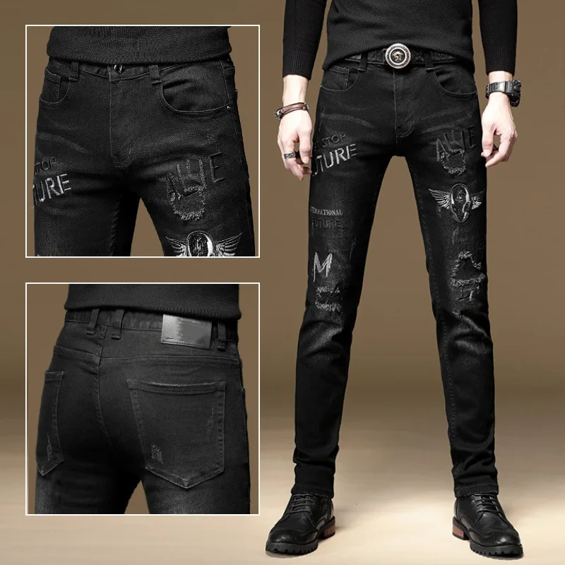 

2025 Fashion Mens Jeans Stick Skinny Pants High Quality Classical Slim Black Moto-Biker Jeans Streetwear Mans Denim Trousers