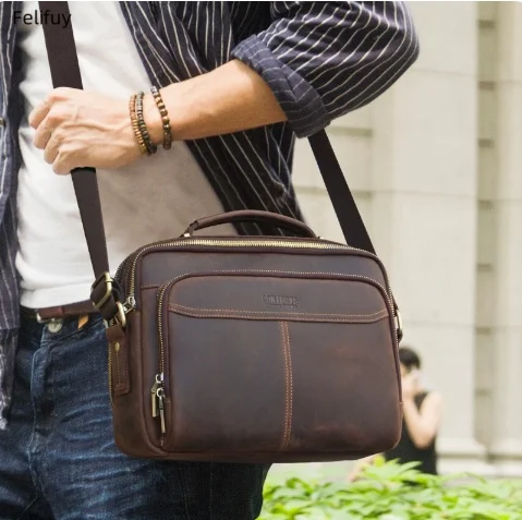 Vintage Crazy Horse Leather Horizontal Handbag for IPAD Men's Shoulder Crossbody Bag Multifunctional Genuine Leather Men's Bag