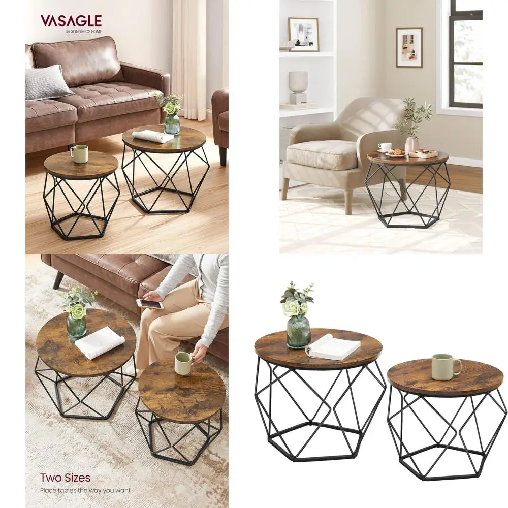 

Pair of Round Coffee Tables with Steel Frame, Suitable for Living Room, Bedroom, Office, in Rustic Brown and Ink Black