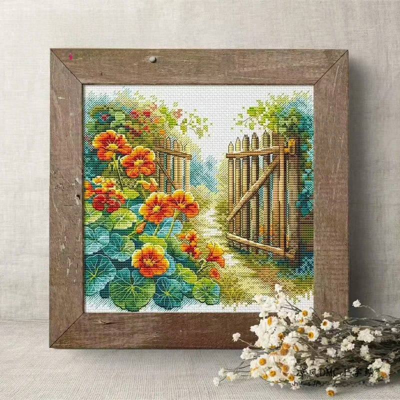 

DMC Embroidery Thread Cross Stitch Kit Floral Landscape Series Countryside Style Fence Side Flower Printing Home Fabric