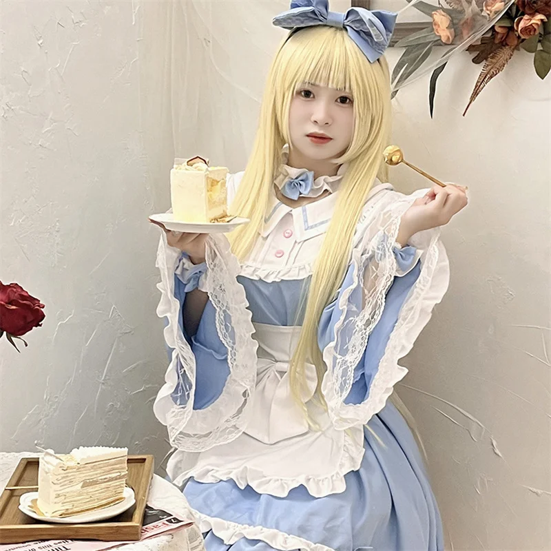 

Cute Girl Fashion Blue Long Sleeve Lace Maid Dress Carnival Party Stage Role Play Costume Secondary Animation Cosplay Uniform