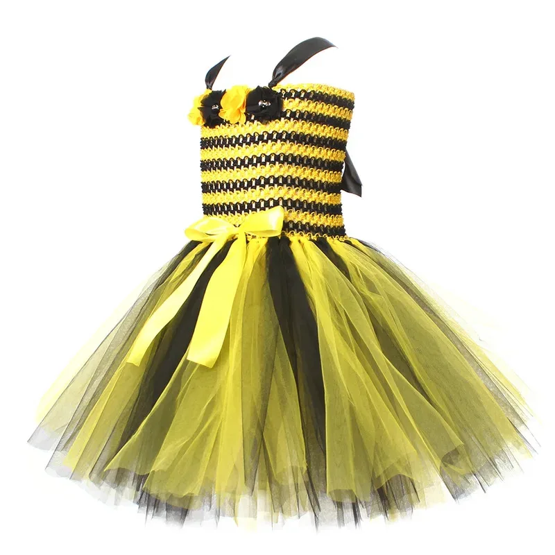Cosplay Winged Bee Girls Dress Children's Performance Saree Halloween Party Costumes Black and Yellow Striped Princess Dresses