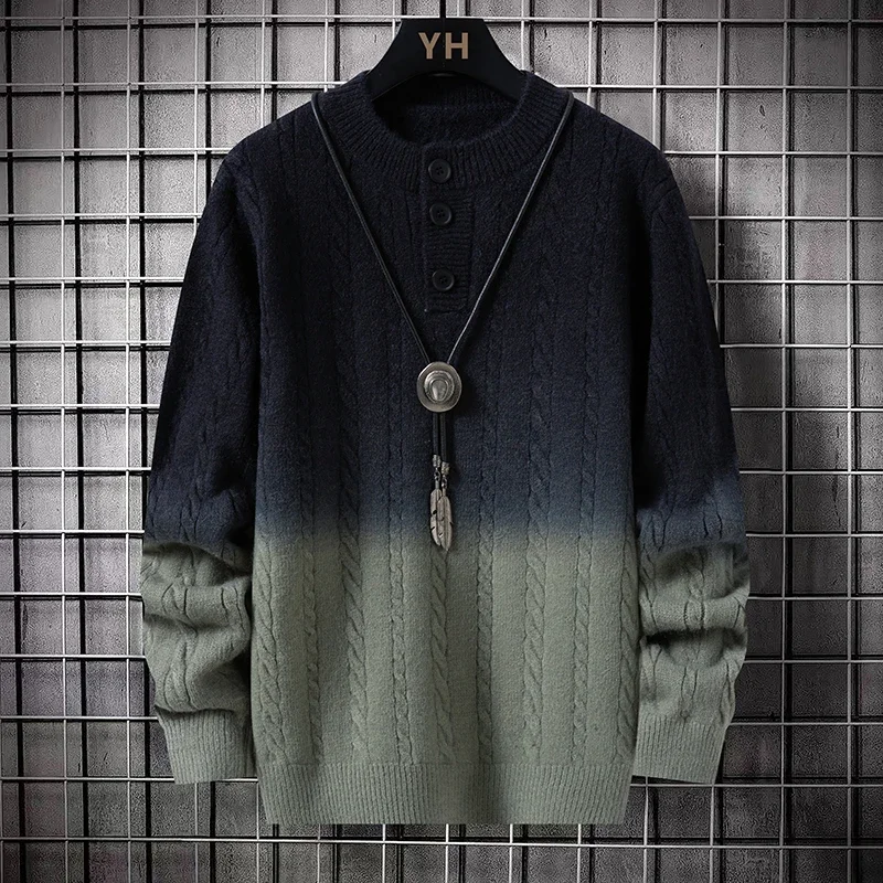 Men Student Base Shirt Men Knitted Sweater Youth Button Casual Pullover Male Gradient Color Sweater Winter Fashion Kntwear Top