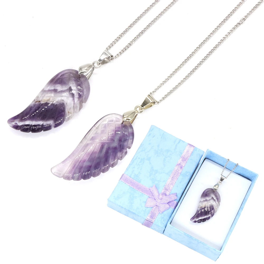 

Natural Gem Stone Angel Wing Necklaces Pendants Healing Crystal Accessories for Women Girl Chains Quartz Jewelry Gift With Box