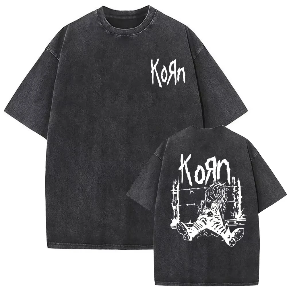 Vintage Washed Korn Follow The Leader T-Shirt, Rockband Gothic Oversized Casual Tees Unisex Streetwear Kurzarm-Oberteile – Detail 8