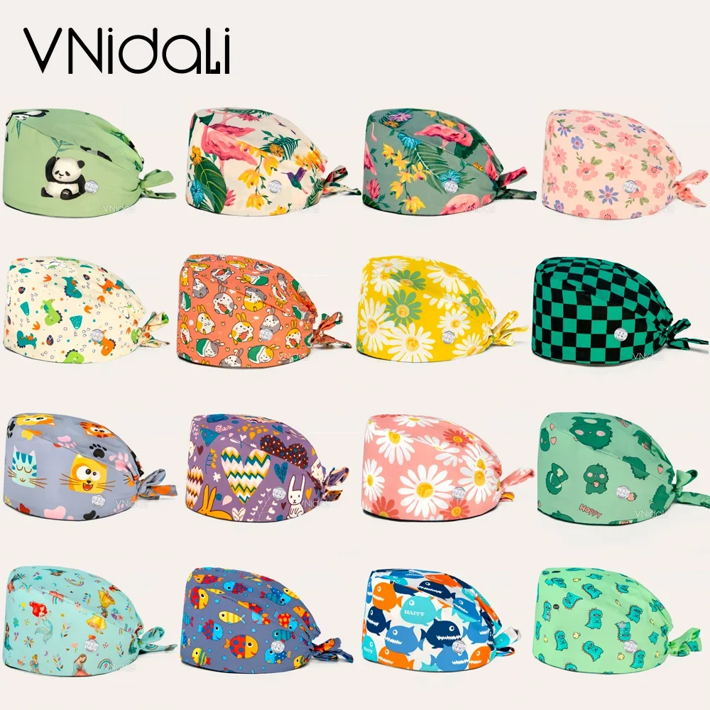 Bloemen- en cartoonprint Scrub Hat Schoonheidssalon Verpleegkundige Cap Lab Pet Shop Button scrub hoeden voor vrouwen medico verpleegaccessoires