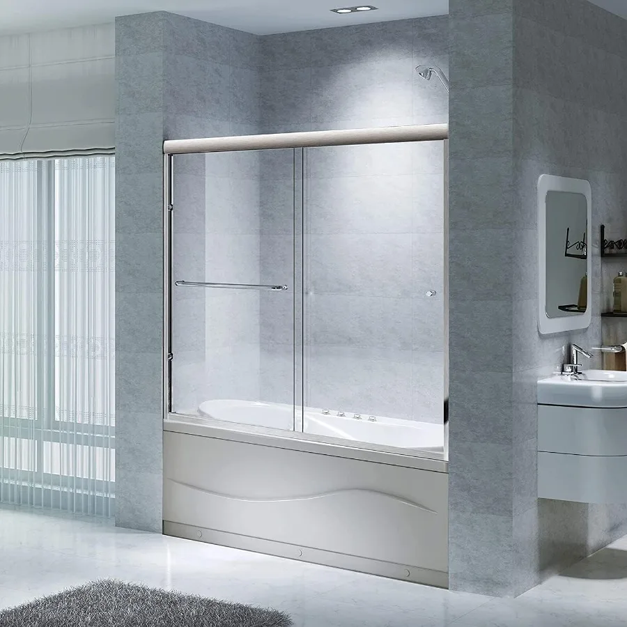 Bathtub Sliding Doors, Semi-Frameless Bypass Tub Doors, 56-60 inch W x 56 inch Height, 1/4 inch Tempered Safety Glass, Brushed