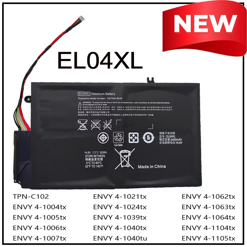 

EL04XL Replacement Li-ion Laptop Battery for HP TPN-C102 Envy4-1004tx 1005tx 1006tx 1042tx 1060tx 1104tx 1040TU 4-1009tx 1008tx