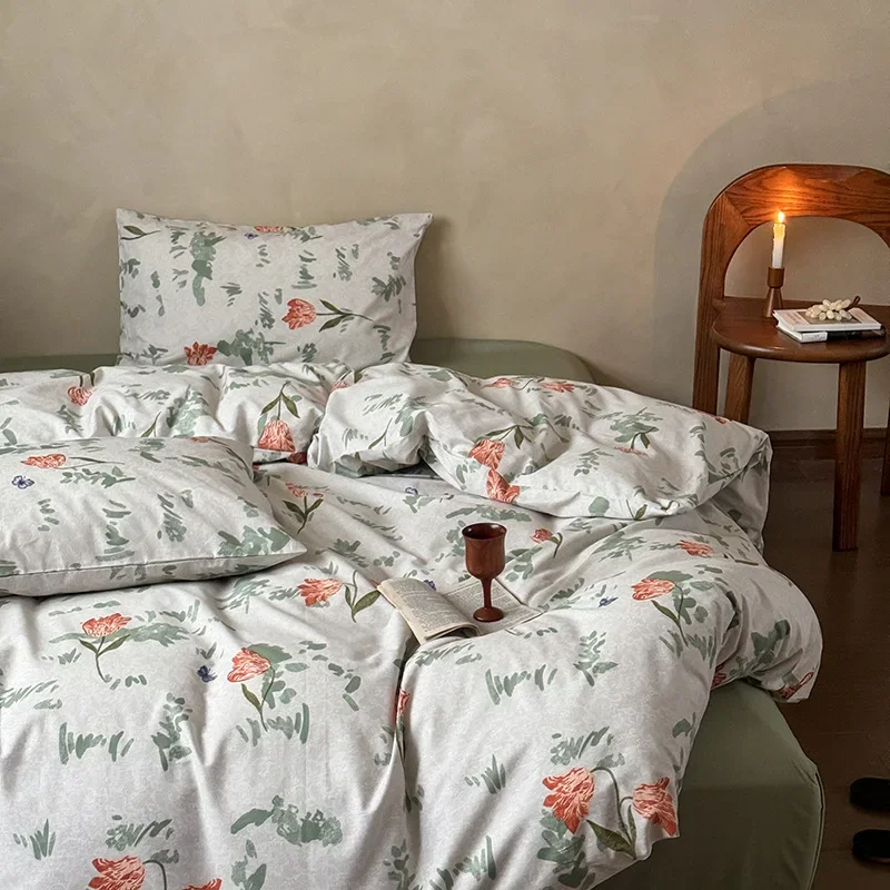 Vintage Floral Pure Cotton Bedding Sets Korean Flower Skin Friendly Fitted Sheet Kit Soft Bed Linens for Spring and Summer
