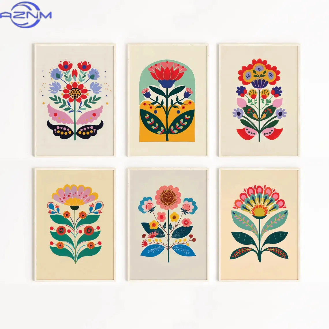 6pcs Scandinavian Folk Art Floral Wall Poster Set - Vintage Swedish/Danish/Norwegian Botanical Prints, Unframed Horizontal Canva