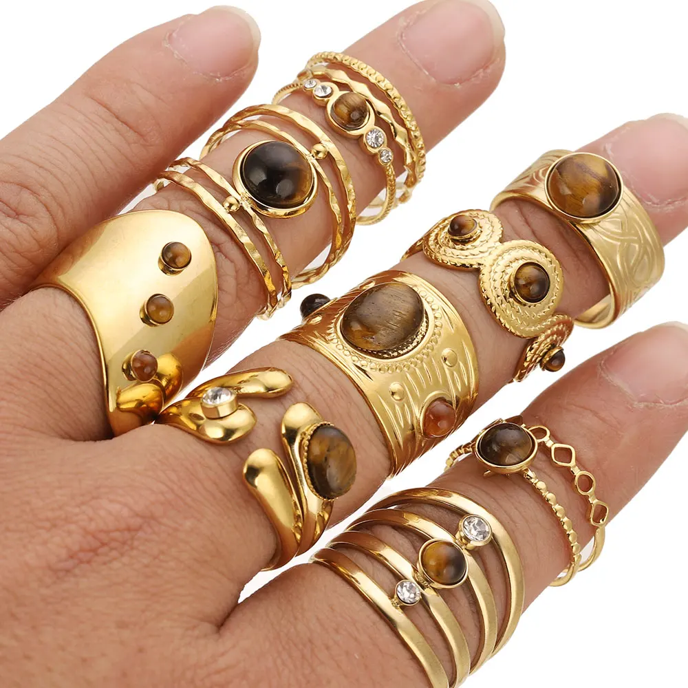 Boho Gold Plated Stainless Steel Rings for Women Simple Geometric Round Tiger Eye Stone Finger Ring Boho Vintage Jewelry Gift