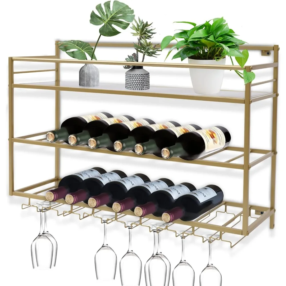 Wine Rack 3 Layer Wall Mounted Metal Wine Bottle Storage Shelf with Goblet Wine Glass Holder for Bar Restaurant Home Gold