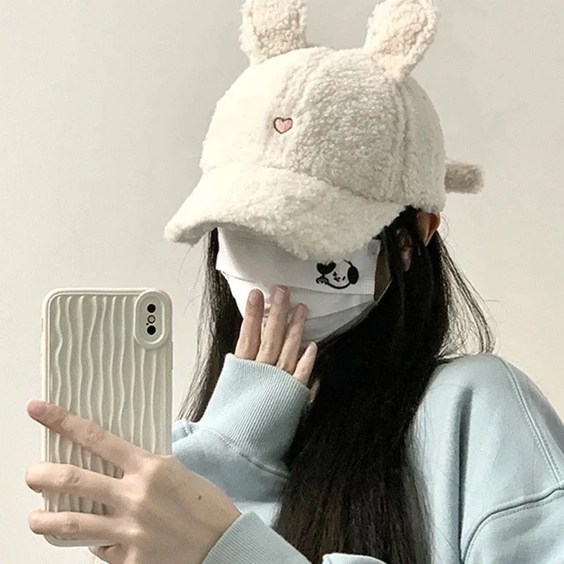 New Fashion Versatile Warm Pure Color Cute Lamb Plush Little Rabbit Hat