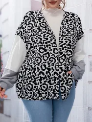 2024 Hot-selling New Plus Size  Jacket Medium and Long V-neck Loose Contrast Color Leopard Stitching Long-sleeved Jacket