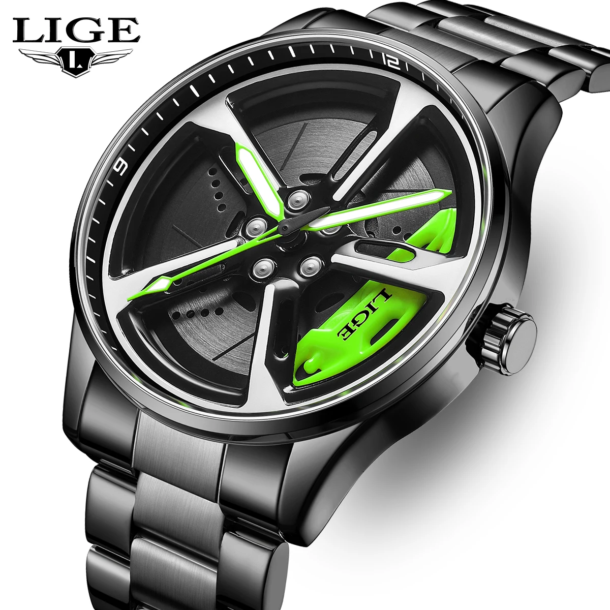 

LIGE новые спортивные 3d часы с ободом колеса автомобиля, модный вращающийся циферблат, ремешок из нержавеющей стали, водонепроницаемые кварцевые часы, reloj hombre