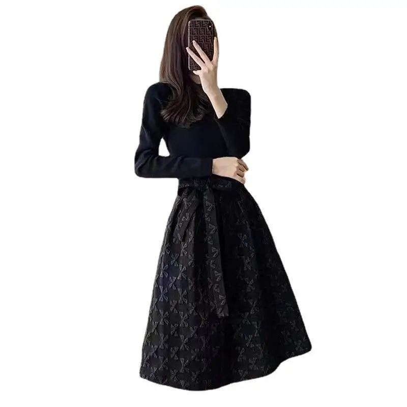 Solid Patchwork High Waist Long Sleeve Dresses Elegant Fashion Harajuku Slim Fit Female Clothes Loose Casual All Match Skirt