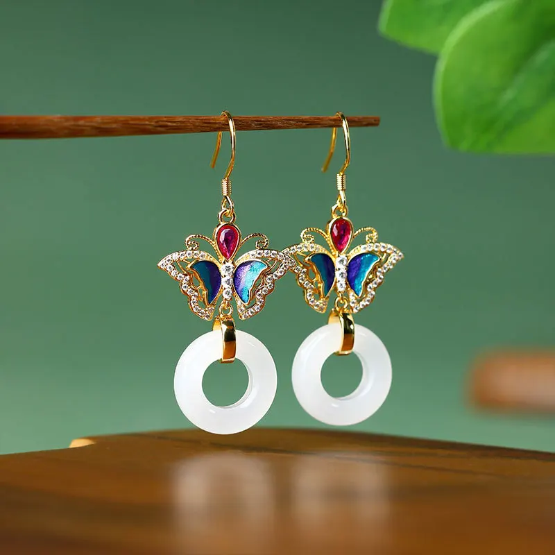 

Chinese style girl gilded butterfly white jade safety buckle earrings