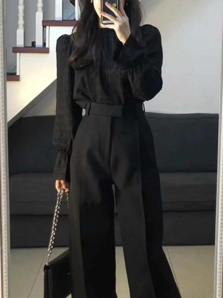 

Black Two Piece Sets Women Outifits 2024 Autumn New Long Sleeve O Neck Cropped blouse + High Waisted Wide Leg Pant Suits