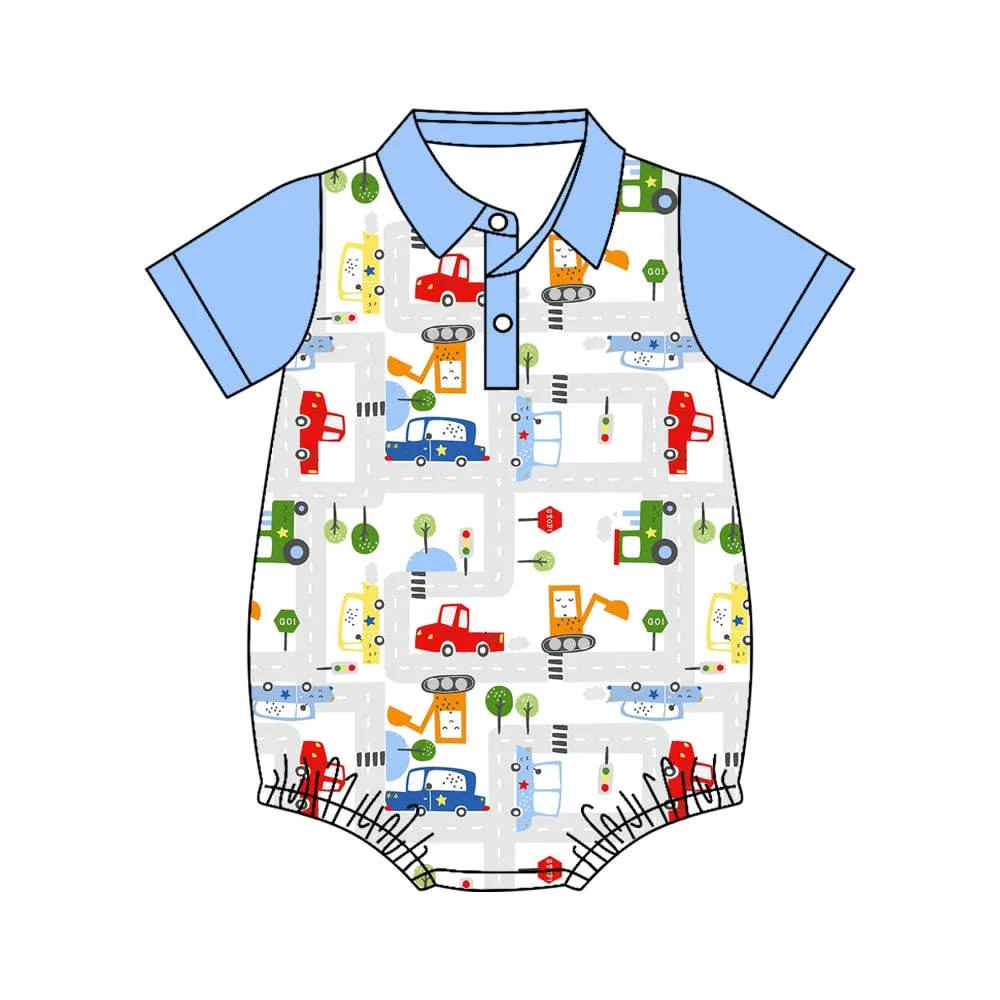 Boutique kid's rompers Collared short sleeves with buttons car airplane print Custom and wholesale