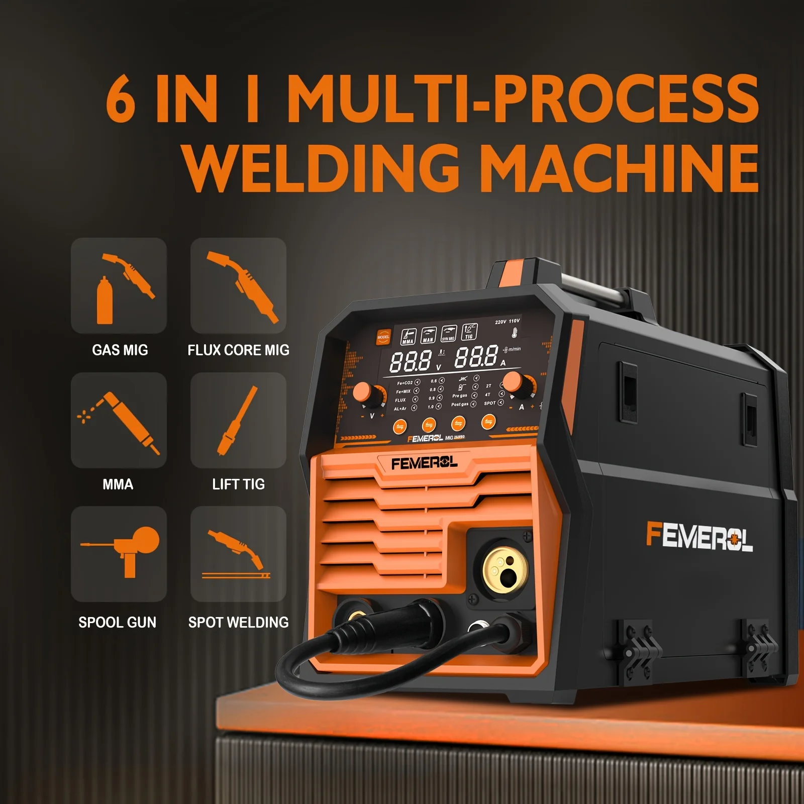 FEMEROL 6 في 1 غاز MIG Gasless Flux Core Stick رفع TIG بقعة لحام بكرة بندقية متوافق آلة لحام الألومنيوم 110 فولت/220 فولت