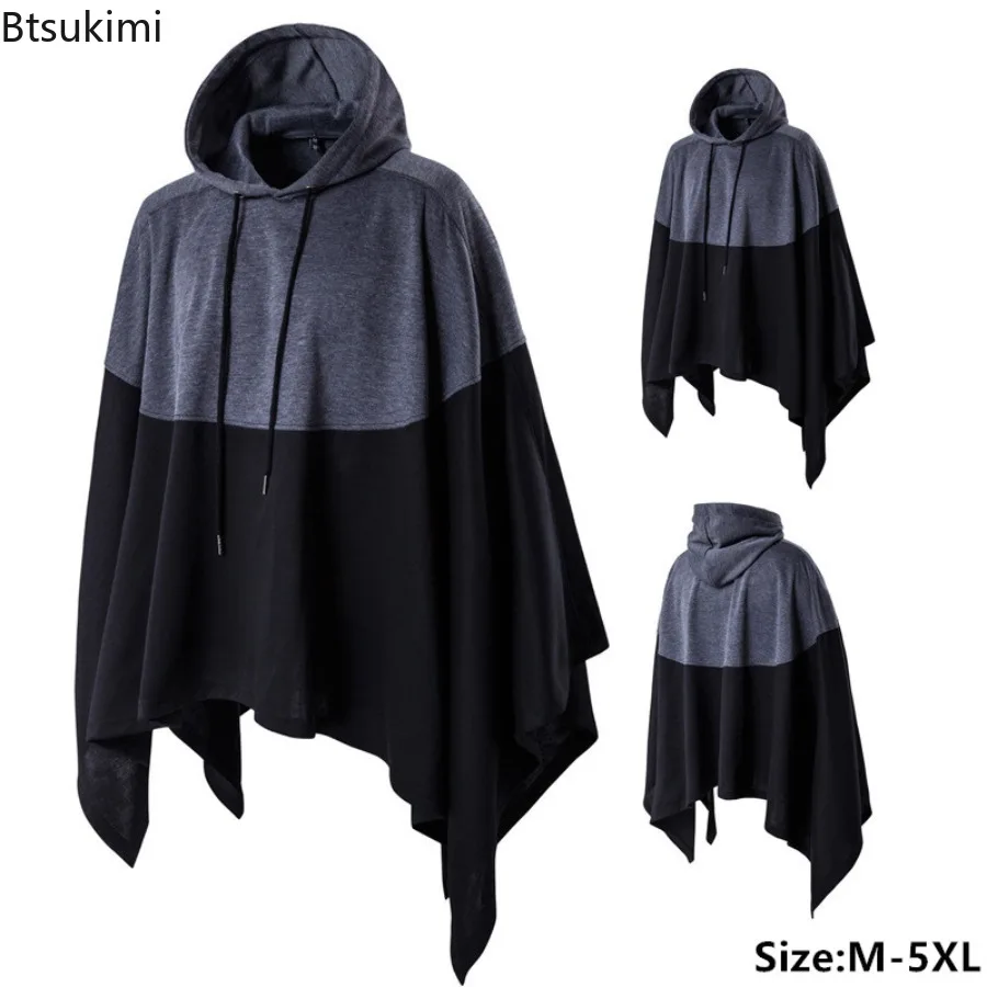 

2024 Spring Autumn Men's Casual Hoodies Cloak Coats Trend Loose Oversized Hooded Cloak Colorblock Pullover Tops Streetwear Coats