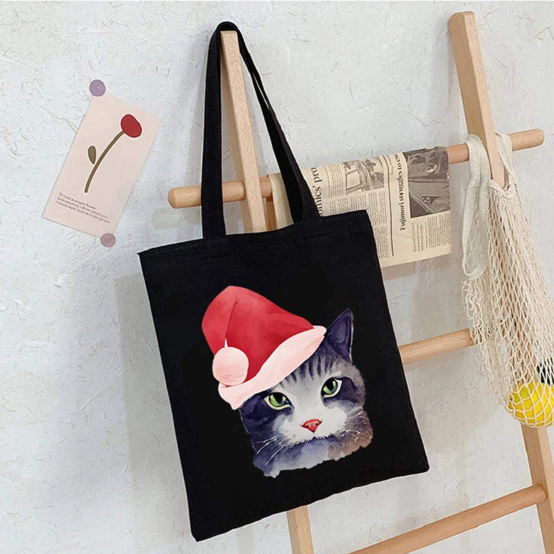 

Christmas Cat Hat Large Capacity Canvas Shoulder Handbag Folding Eco-Friendly Totes Reusable Shoulder Bag Grocery Bag