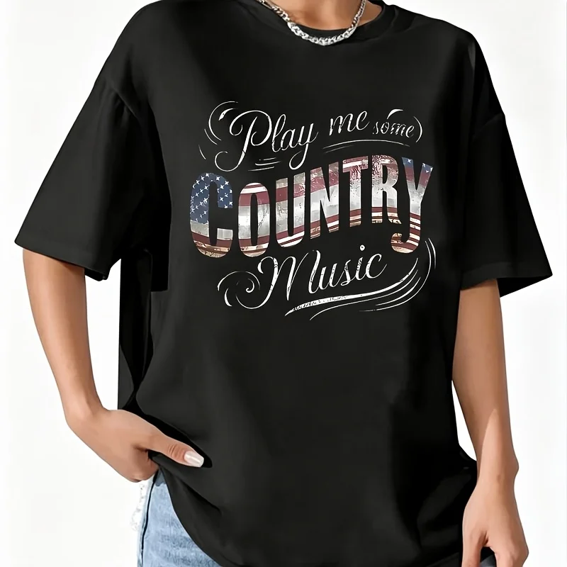 Country Music Letter Women's 100% Cotton T-Shirt Fun Print Short Sleeve Top Casual Round Neck Tee S-5Xl