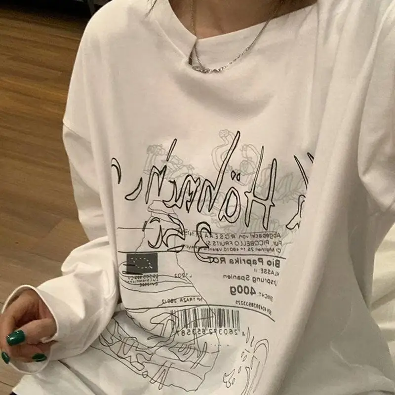 T-shirt Fairy Grunge Letter Print Tops Black Autumn Off Shoulder Long Sleeved Korean Tee Loose Harajuku Baggy Shirts Woman Y2K