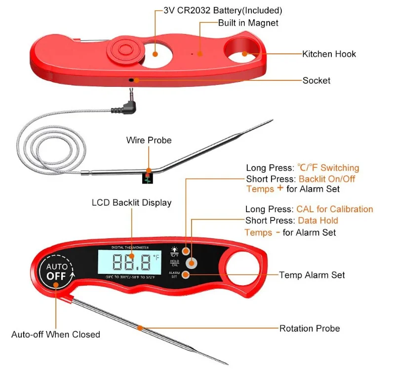 new style instant magnet waterproof kitchen digital bbq barbecue fold food meat thermometer with 2 plug probes