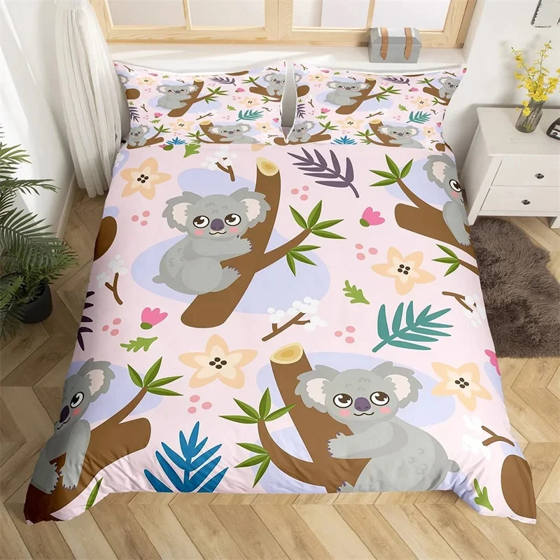 Kids Cute Koala Duvet Cover Microfiber Girls Cartoon Animal Bedding Set Twin King Australia Wild Animals Floral Comforter Cover