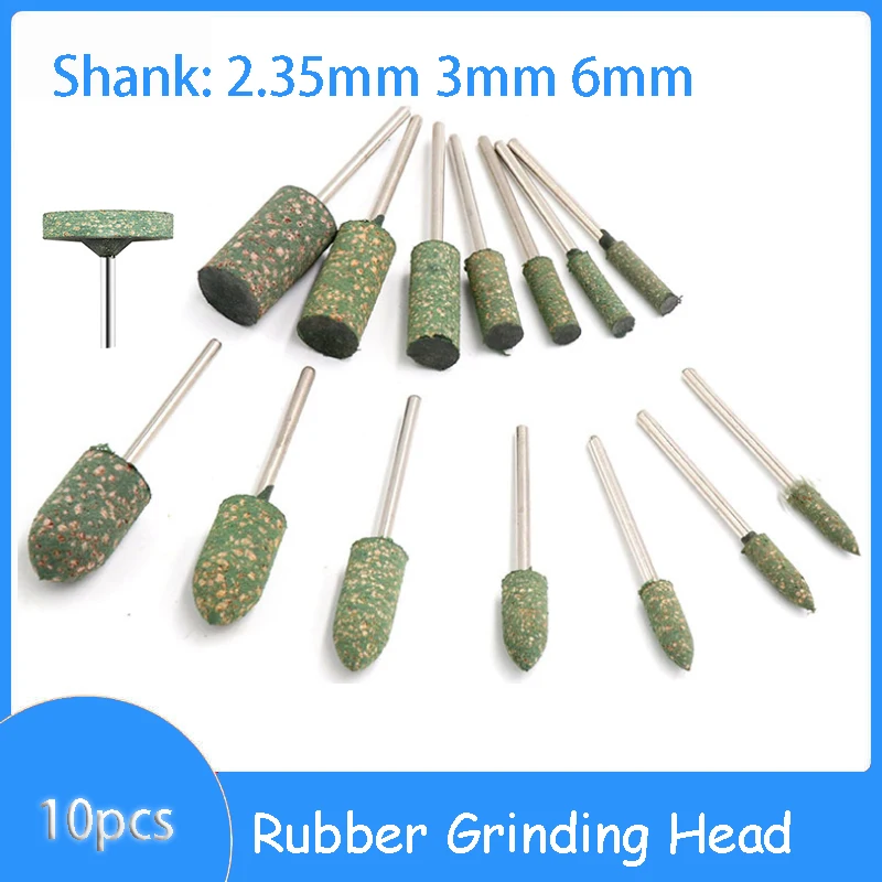 10pcs Mounted Rubber with Abrasive Grinding Head for Mold Polishing Rotary Power Tools 2.35/3/6mm Handle 4-12mm Diameter Head