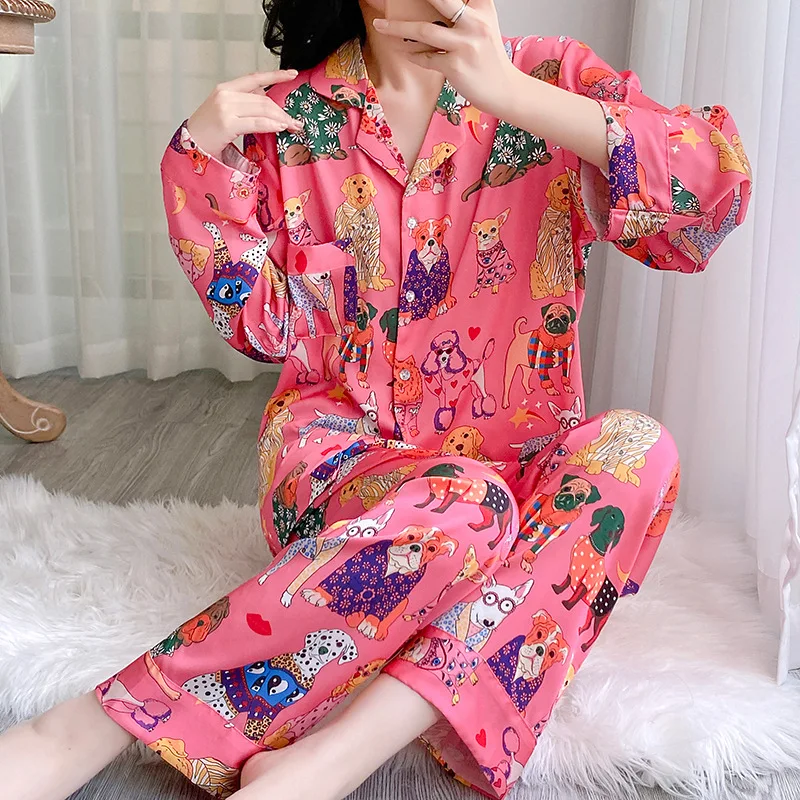 Female 2PCS Pajamas Set Long Sleeve Trouser Suits Sleepwear Pink Cartoon Nightwear Spring Summer Satin Pijamas Loose Home Wear