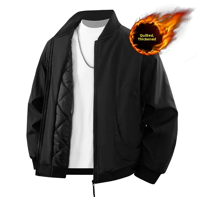 

Thiened Cotton Jaet Men's American Sle Baseball Collar Windproof Outerwear Long Sve Zipper Closure Color Winte...
