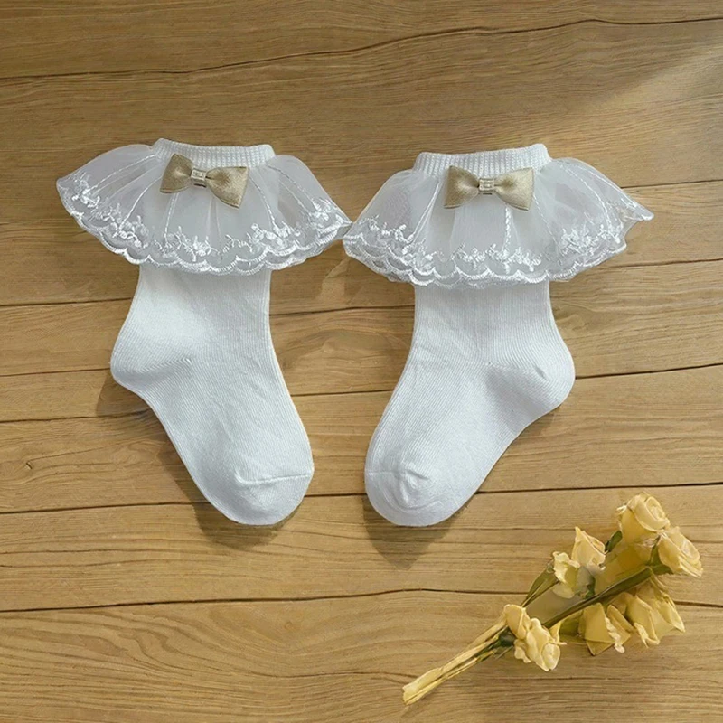 Kaus kaki anak perempuan, aksesoris pakaian balita, kaus kaki kru anak perempuan, Gaun pita lucu, kaus kaki jalan dengan Kerut jaring