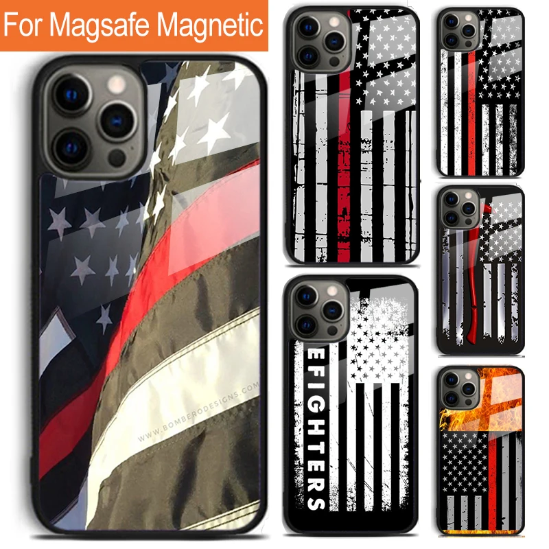 Firefighter Thin Red Line Flag Fireman Axe Phone Case For iPhone 16 15 14 13 12 Pro Max Plus Magsafe Magnetic Wireless Charging