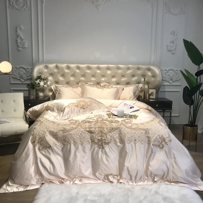 

Royal Golden Embroidery European Palace Luxury Bedding Set Champagne Brocade Egyptian Cotton Duvet Cover Bed Sheet Pillowcases