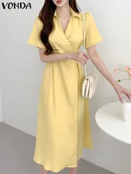 Fashion Solid Color Midi Sundress 2023 VONDA Elegant Office Shirt Dress Women Summer Button Streetwear Short Puff Sleeve Vestido