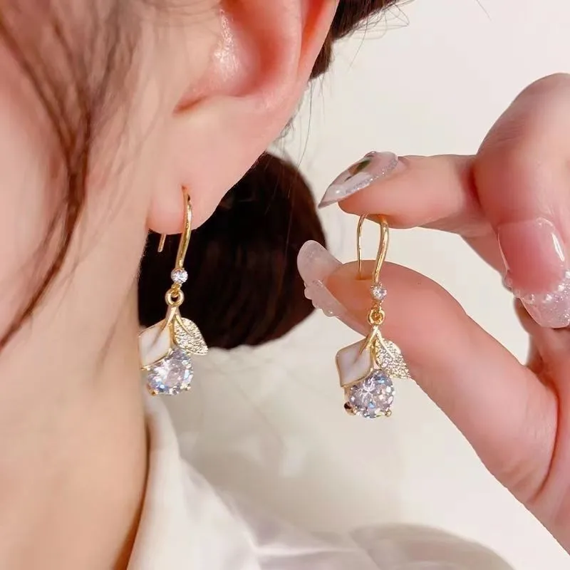 FTCY Gold Ginkgo Leaf  Earrings For Women Fashion Elegant Zircon Drop Earrings Daily Wedding Party Wear Supporting Wholesale