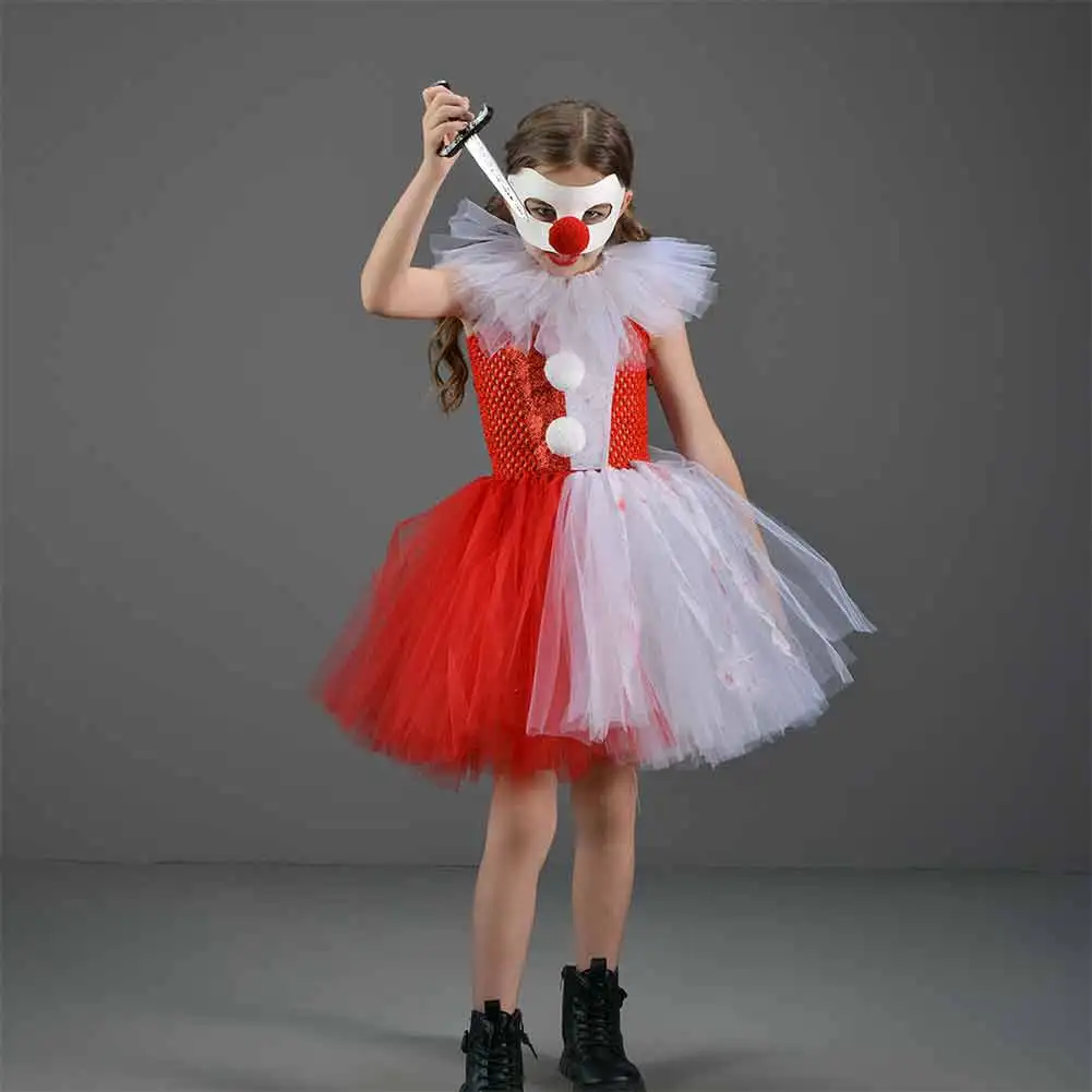 Disguise Horror Scary Clown Cosplay Child Girl Tutu Skirt Dress Stage Fantasia Costume Kids Roleplay Role Play Fancy Party Cloth