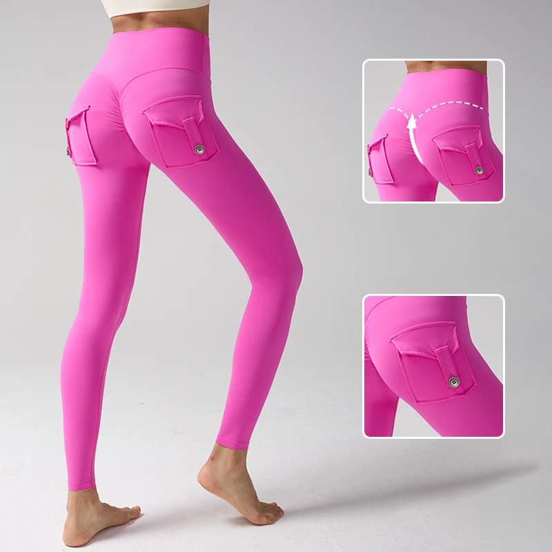 Leggings de Yoga Cargo taille haute pour femmes, collants de gymnastique solides en Spandex avec poches pour le sport, la course à pied et l'entraînement