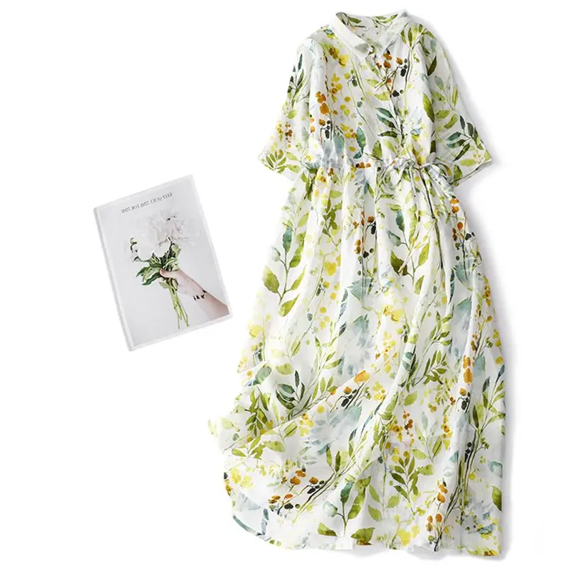 

2024 Women Summer Fashion French Floral Cotton Linen Dress Female Short Sleeve Print Dresses Ladies Long Loose Vestidos V16
