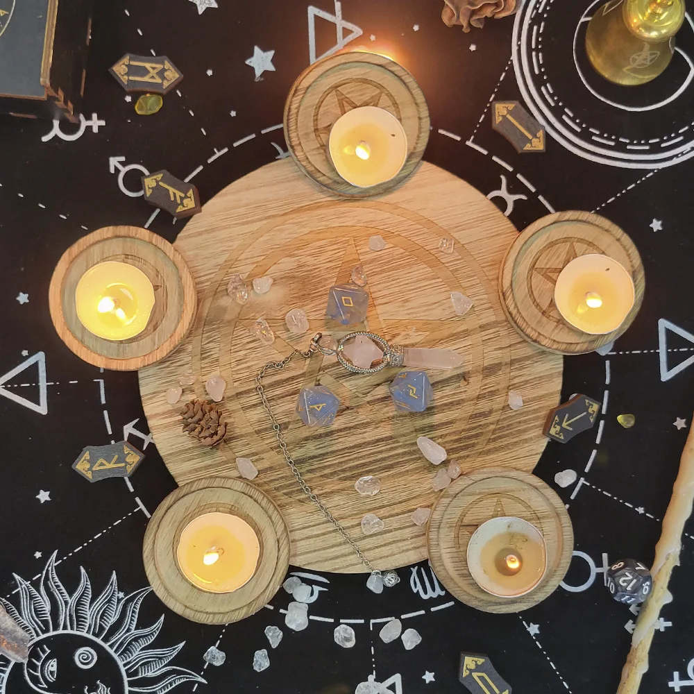2-in-1 Pentagram Wooden Candle Holder Tray DIY Altar Decor Witchcraft Wicca Spell Ritual Tarot Supplies