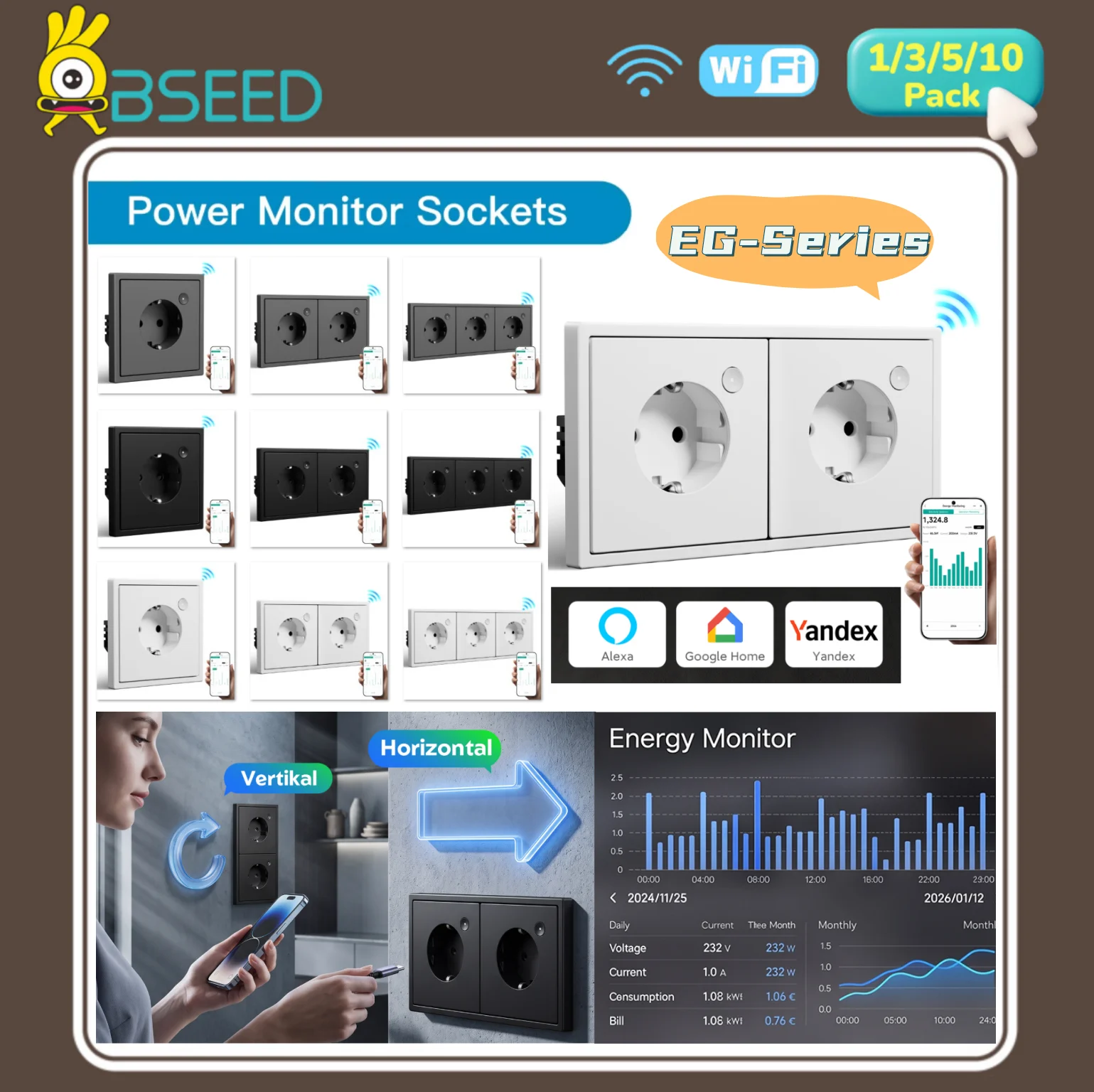 Smart Socket 16A Tuya App - BSEED Einzel-WIFI-Steckdosen EU Dual Smart Power