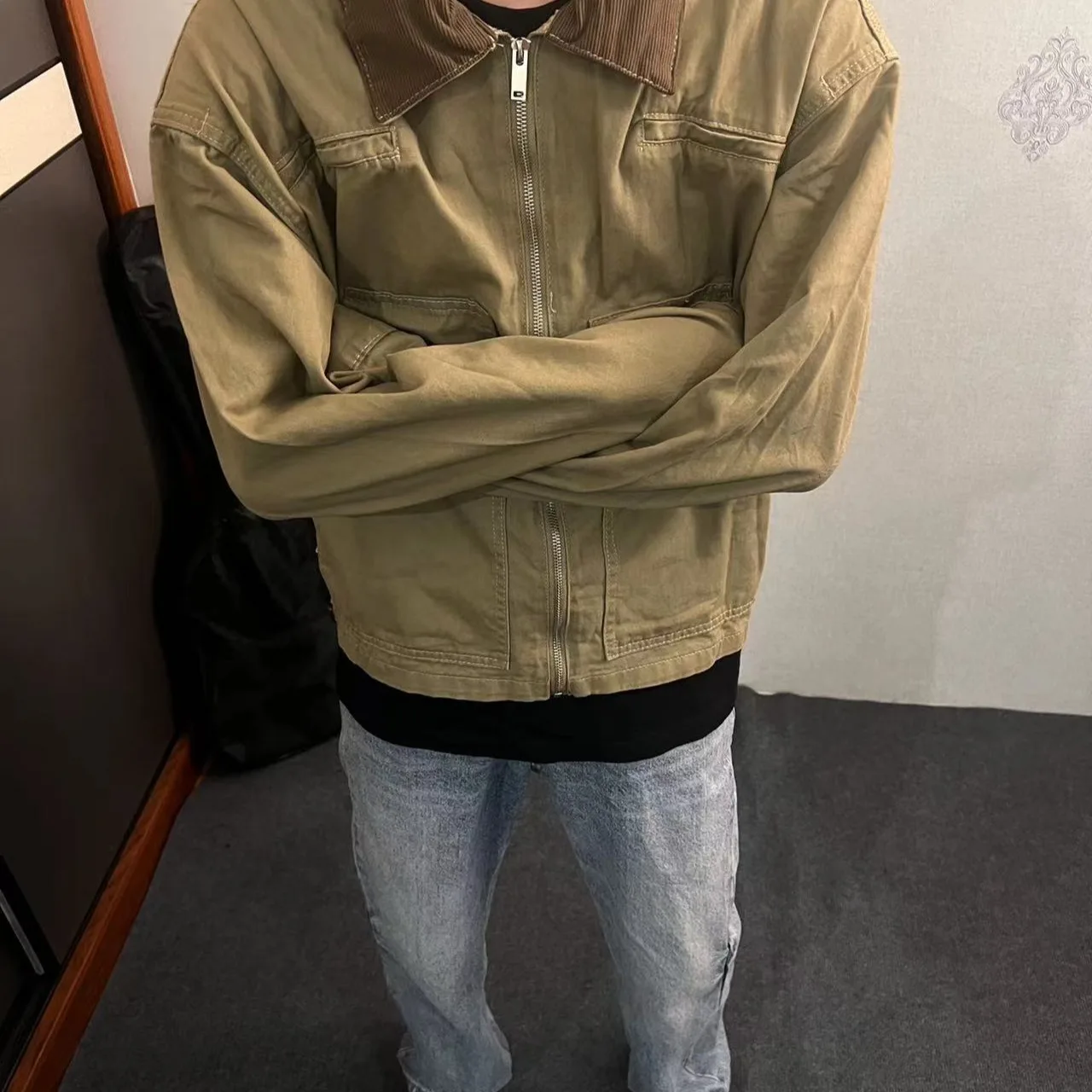 

Свободная рабочая одежда цвета хаки для мужчин, повседневная универсальная верхняя одежда ort Sle, полиэфирное волокно, прямой подол, уличная одежда