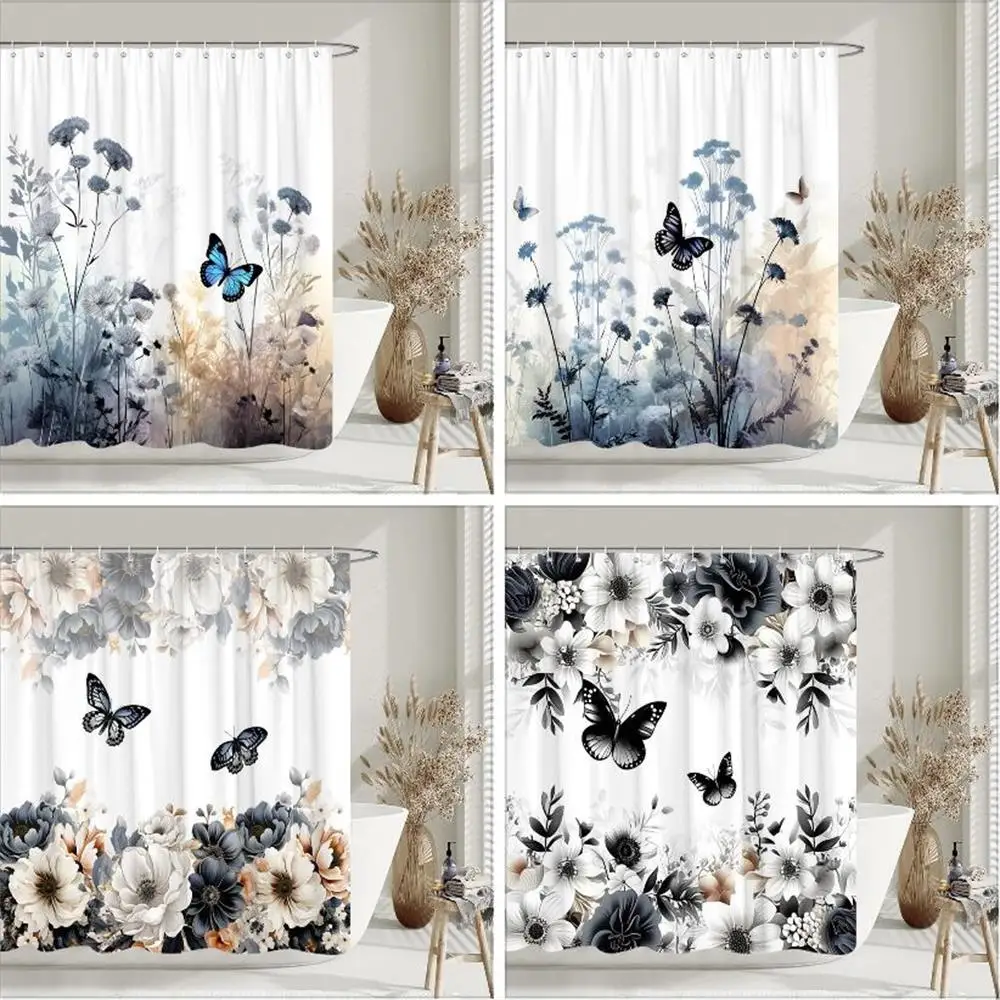 

Vintage Floral Butterfly Shower Curtain Rustic Flower Leaf Botanical Shower Curtain For Bathroom Decor Polyester Bath Curtains