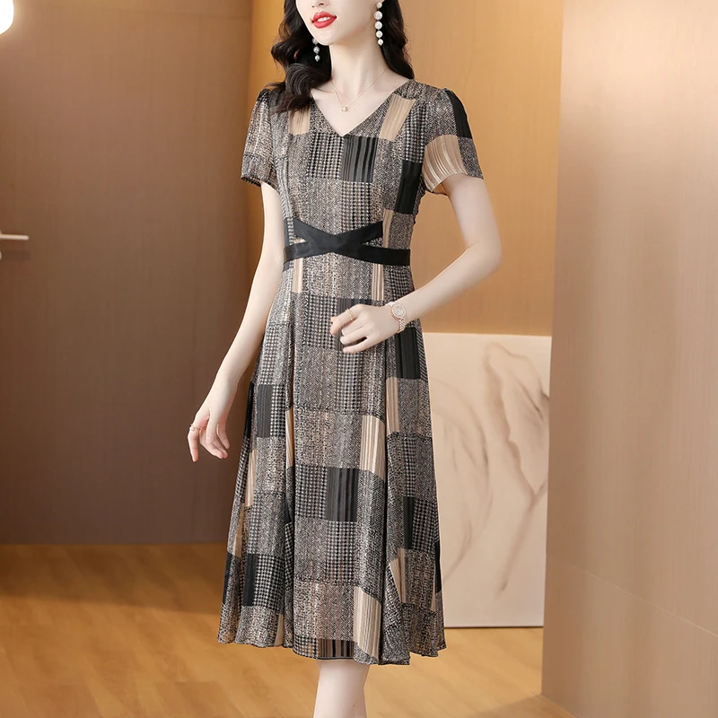 2023 New Fashion Plaid V-Neck Dress Women's Summer Korean Retro Short Sleeve Waist Shrinking Casual Dress Vestidos